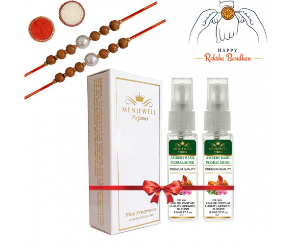 Rakhi, Perfume Set  (Rakhi For Brother Ambery Basil Floral Musk 8ml Perfume With 2 Rakhi)