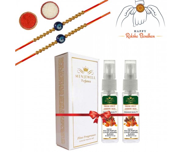 Rakhi, Perfume Set (Rakhi Gift Set For Brother With Fresh Spicy Ambery Man Perfume With 2 Rakhi)