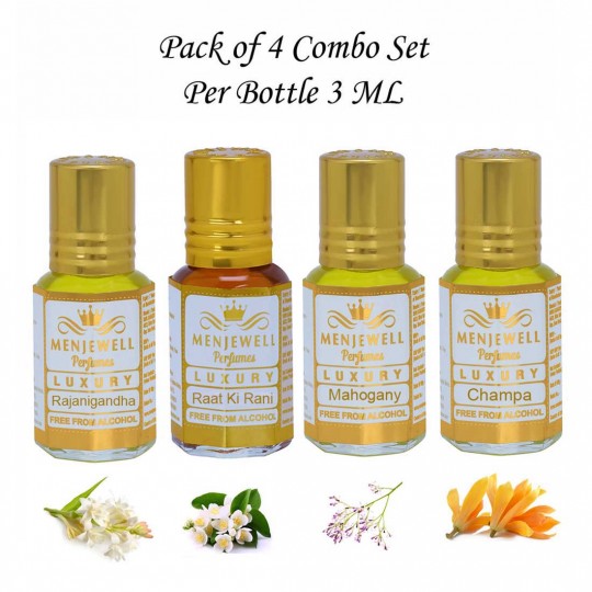 Menjewell Gift Pack of 4 Long Lasting Roll on Floral Attar Perfumes 