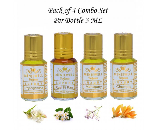 Menjewell Gift Pack of 4 Long Lasting Roll on Floral Attar Perfumes 