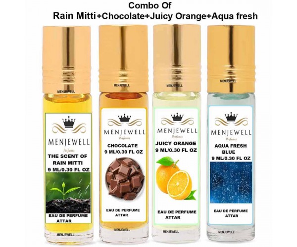 Menjewell Pack of 4 Psc ( Rain Mitti, Chocolate, Juicy Orange , Aqua Fresh ) 9ml Attar/Perfume