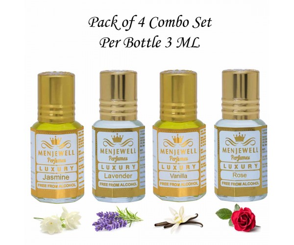 Menjewell Fragrances Gift Pack of 4 Long Lasting Roll on Attar Perfumes (Jasmine,Lavender,Vanilla,Rose)