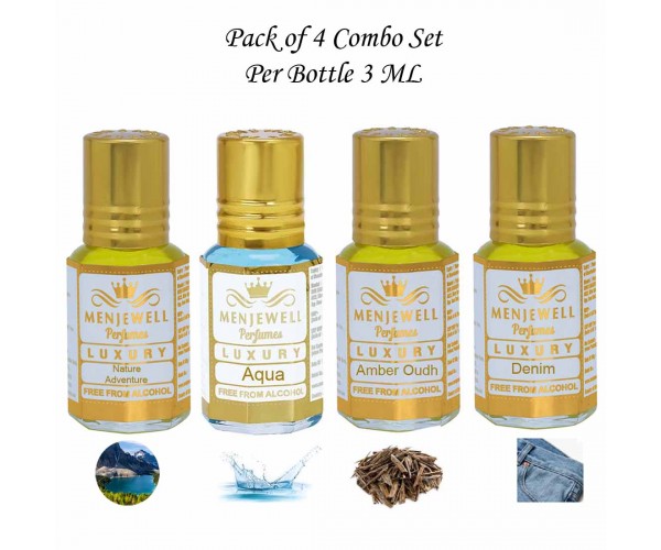 Menjewell Fragrances Gift Pack of 4 Long Lasting Roll on Attar Perfumes(Adventure/Aqua/Oudh/Denim)