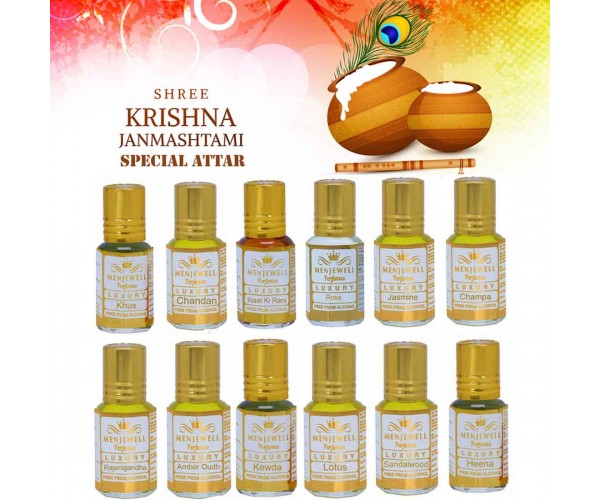Menjewell Krishna Janmashtami Gift Pack Floral Attar (Sandalwood, Tuberose/Rajniganda, Floral, Kewda, Rose, Champa)